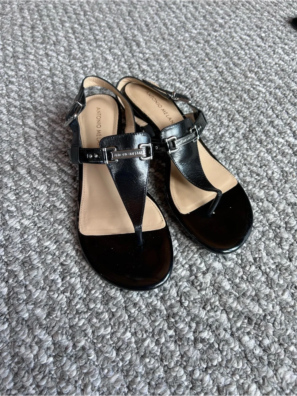 ANTONIO MELANI Black Patent T-Strap Toe-Thong Sandals